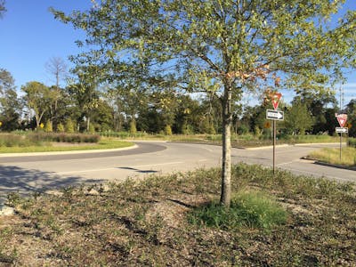 The modern roundabout on Energy Drive helps control traffic flow.