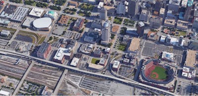 Aerial view of downtown St. Louis and the Robert A. Young Federal Building.