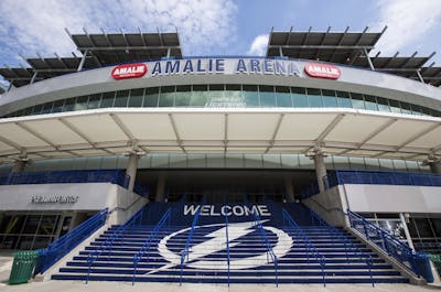 Front view of the entrance to the Tampa Bay Lightning Amalie Arena.