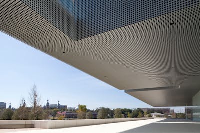 View of cantilevered roof at the Tampa Museum of Art.